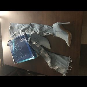 Ladies Denim Knee High Shoe Boots